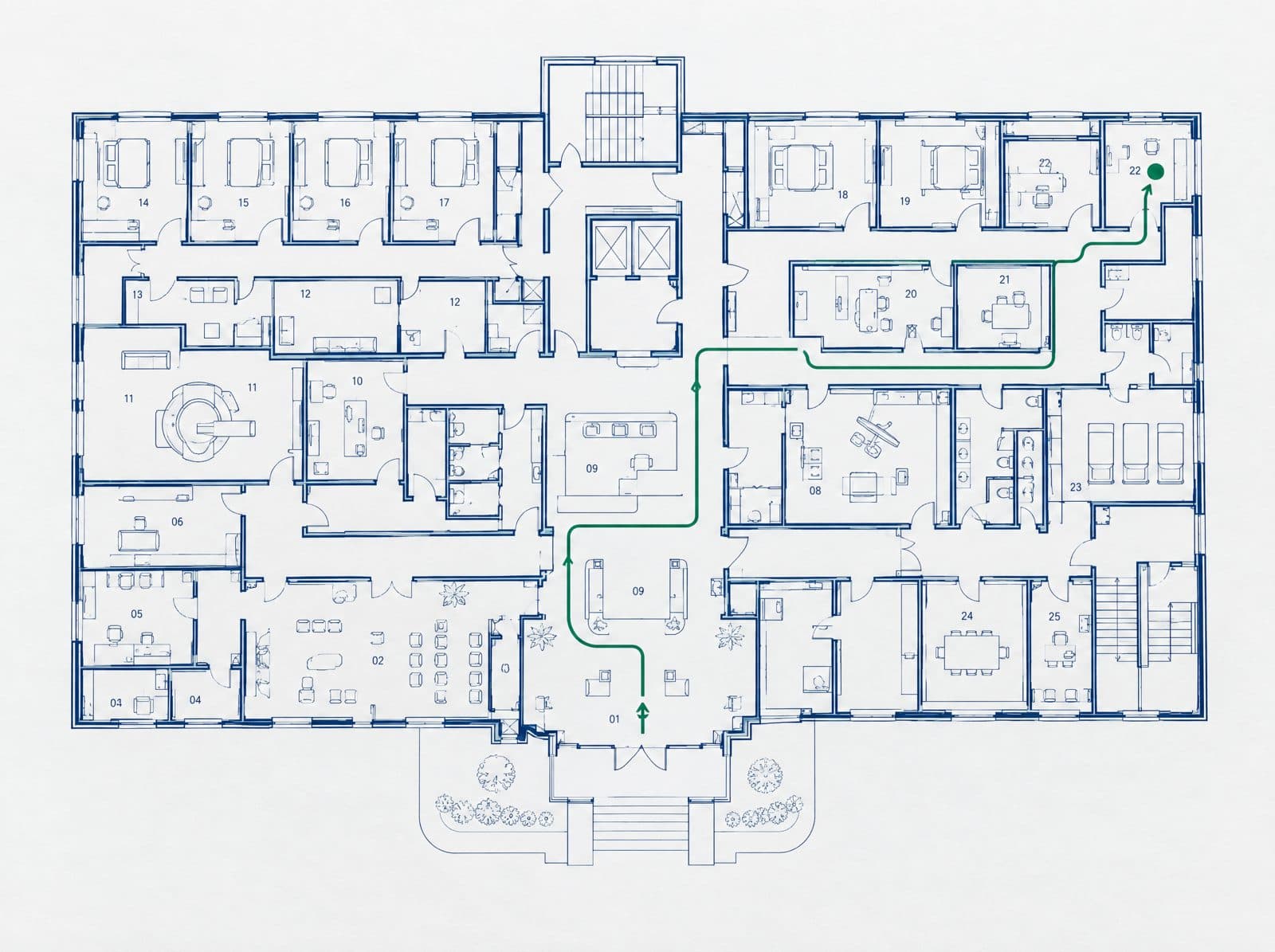 Hospital floor plan with a green route from entrance to ward