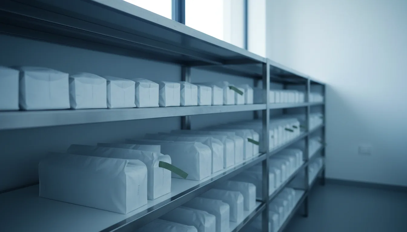 Rows of white wrapped packs with green pull tabs sit on steel shelving in a bright storeroom, seen in cool daylight.