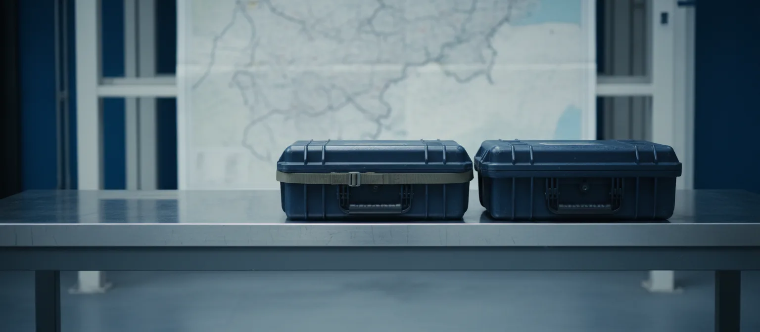 Two closed dark blue hard-shell equipment cases stand side by side on a steel bench, with a large folded road map on the wall behind them.