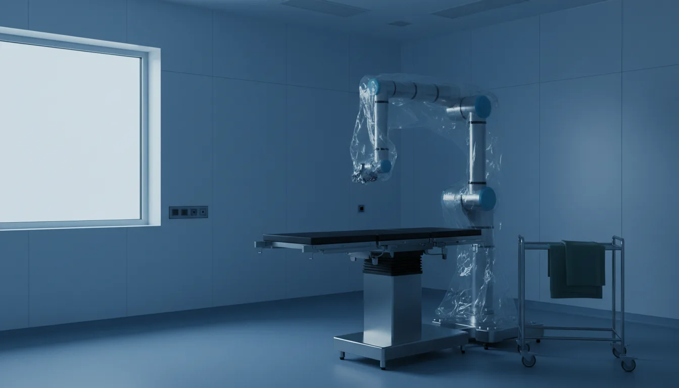 An empty operating room in cool light, with a robotic arm wrapped in clear plastic sheeting standing beside a steel table and a trolley holding a folded green cloth.